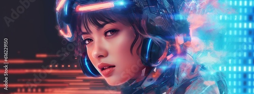 Illustration of a cyborg woman and Ai technology background , AI Generated photo