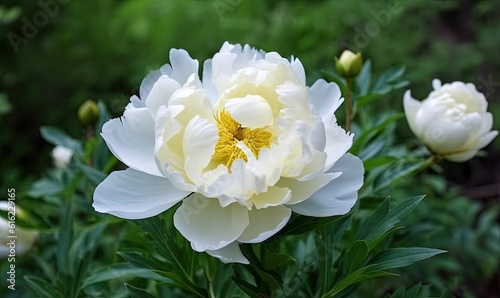  a close up of a white flower with green leaves in the background and a yellow center in the middle of the flower, with a blurry background. generative ai