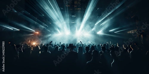 Crowd of people dancing at a nightclub concert. ai generative art.