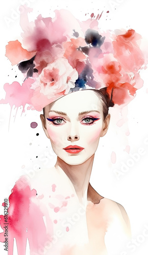 Watercolor woman with flowers portrait fashion illustration on white background. Ai generated