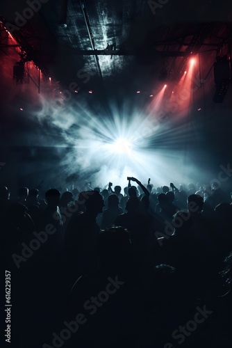 Crowd of people dancing at a nightclub concert. ai generative art.