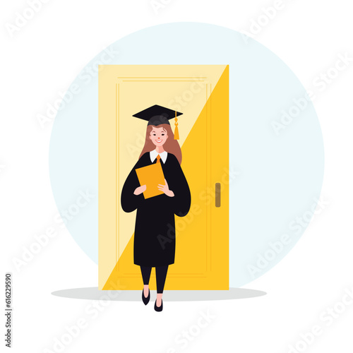 Smiling Female Graduate Celebrating Academic Success Holding Diploma Certificate in front of Yellow Door - Vector Illustration