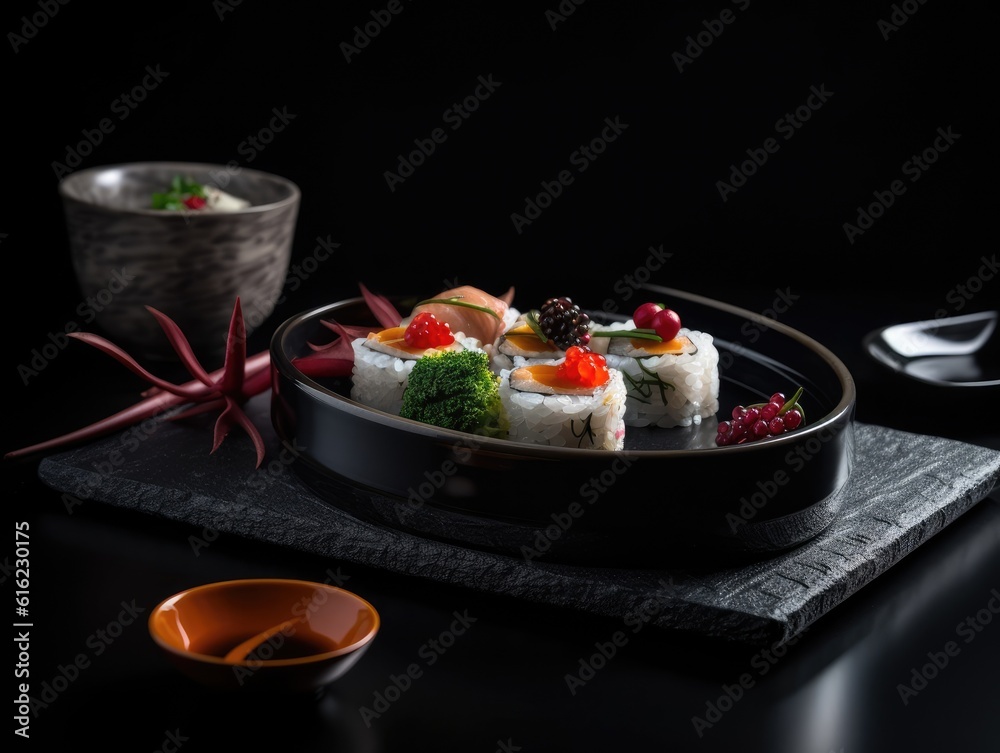 Delicious sushi rolls on black table, Japanese food. Generative AI Delicious sushi rolls on black table, Japanese food. Generative AI