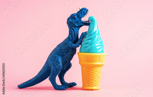 Happy blue dinosaur eating huge blue ice cream on pink background.