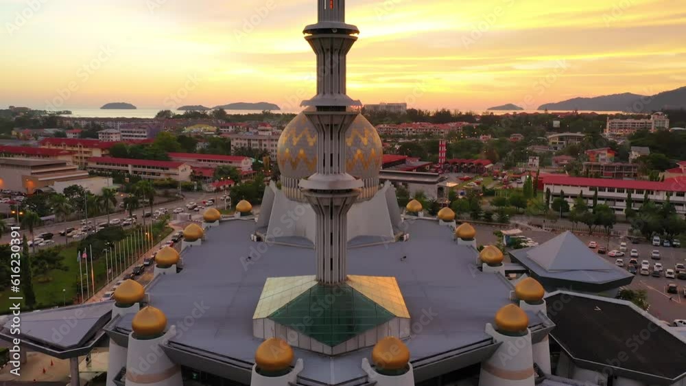 Aerial view of Negara Mosque at sunset, Kota Kinabalu, Malaysia