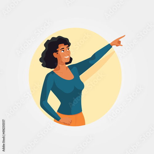 beautiful woman pointing at something with her arm