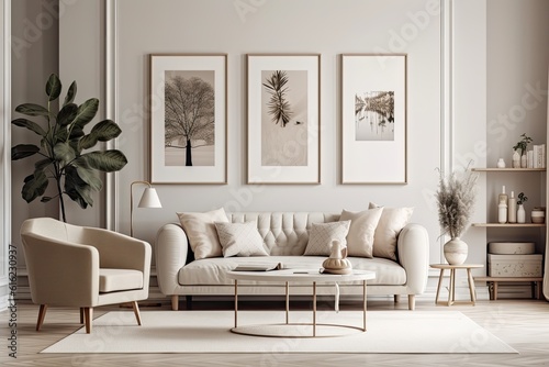 Modern apartment living room with stylish interior decor with white mock up photo frame  wooden shelf  flower vase  books  sculpture  and elegant accessories. Elegant house furnishings  Template