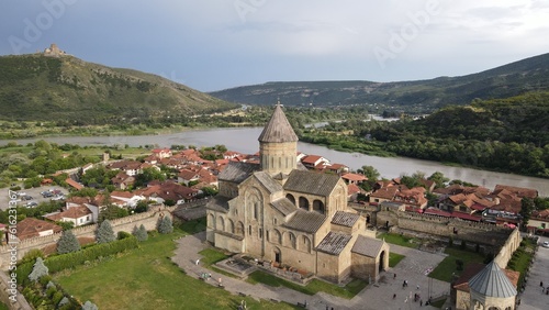 Drone view of the Svetitskhoveli Cathedral  in the historic town of Mtskheta, Georgia photo