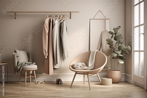 Mockup of a minimalist flat wall inside with clothes on a chair. Background with earthy neutral tones. Light and airy interior with a wooden floor. Generative AI © Vusal