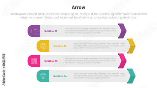 arrow or arrows stage infographics template diagram with long rectangle box unbalance and 4 point step creative design for slide presentation