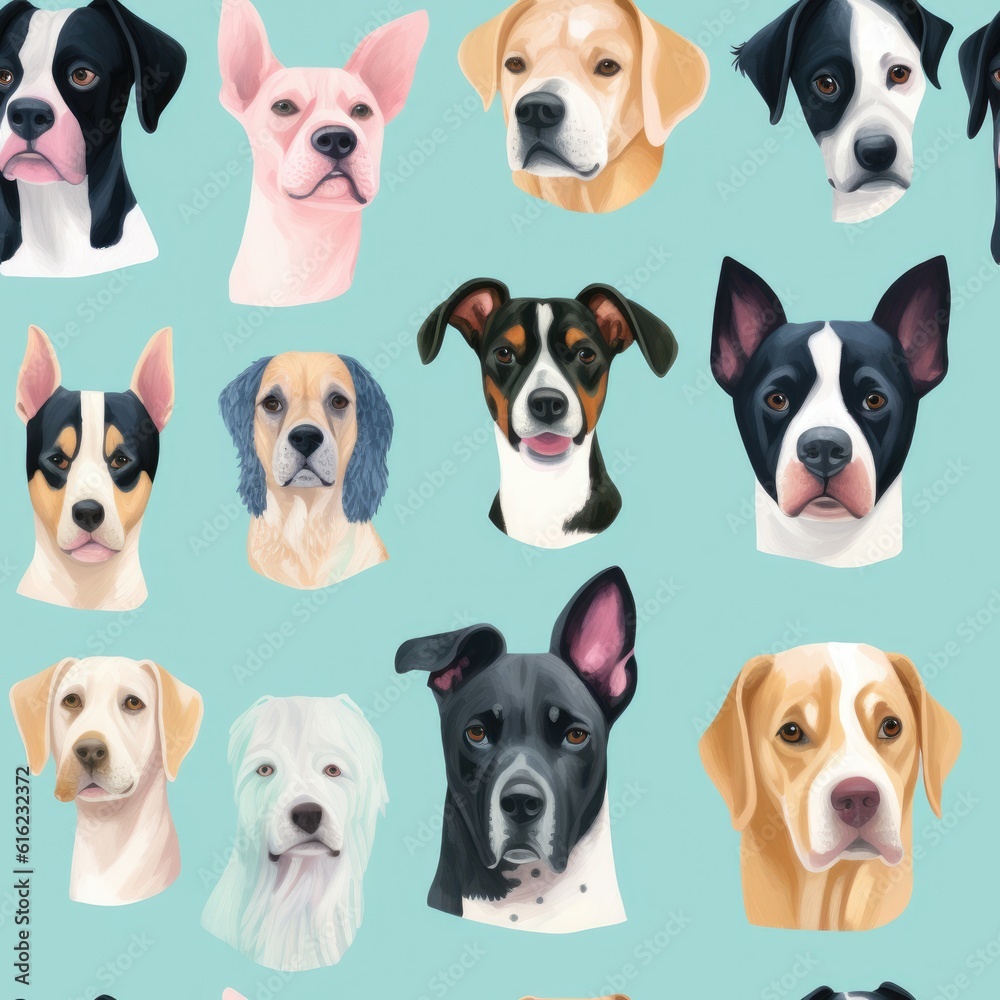 Fototapeta premium Furry Friends: A Trendy dogs Portrait Collection. Seamless pattern. Digitales Papier. generative ai illustration.