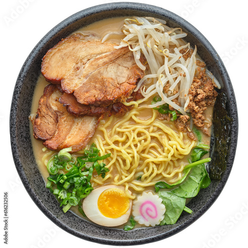 japanese pork tonkotsu ramen in bowl on transparent background shot from overhead view  photo