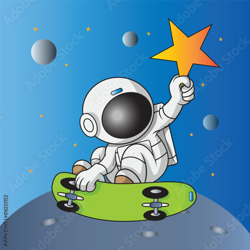 an astronaut playing skateboard while plucking stars