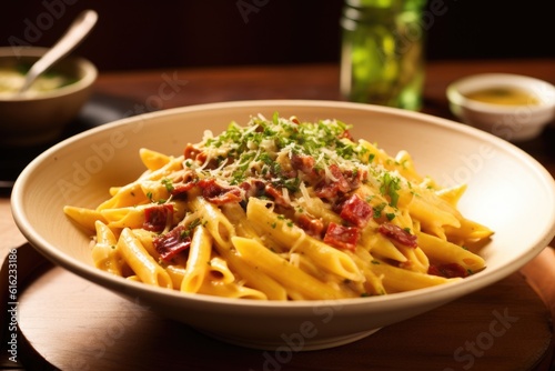  Penne carbonara close up food photography