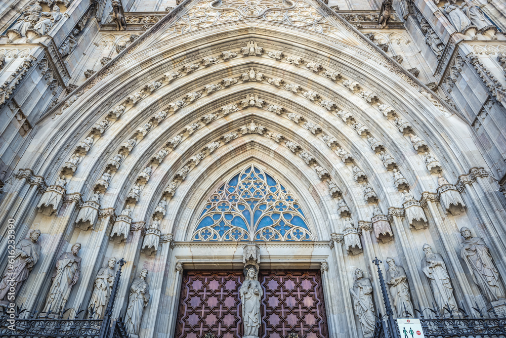 Portal of Cathedral of the Holy Cross and Saint Eulalia in Gothic Quarter of Barcelona, Spain