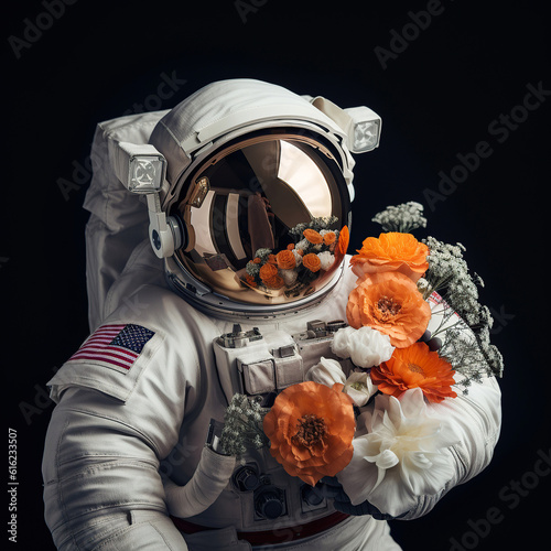 ai generated  Illustration of astronaut holding bouquet of flowers