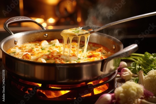 Melted cheese skillet close up food photography