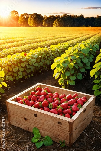 Strawberry harvest in a wooden box at sunset on a field. 