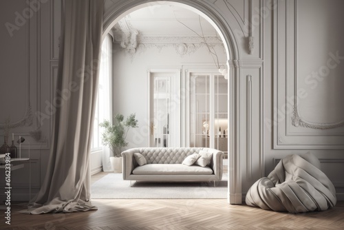 Neoclassical living room with copy space and molded walls. Parquet flooring and an arched door with a curtain. Modern velvet sofa in shades of white and gray. traditional interior design. Generative © Vusal