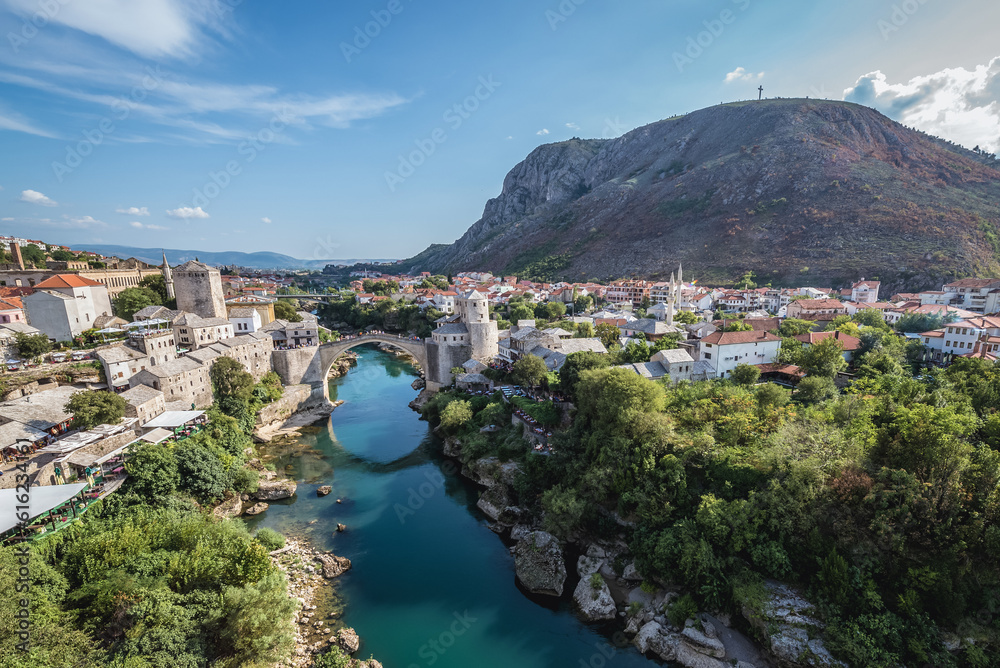 Aerial view on Mostar city with Old Bridge and Hum Hill, Bosnia and Herzegovina