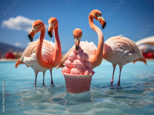 Flamingos eat ice cream in the pool