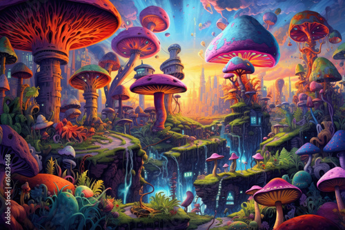 Psychedelic illustration with giant fantasy mushrooms and city on the background. Another world