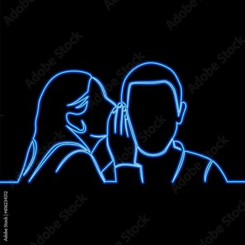 Continuous line drawing Woman and man are whispering transmission of secret icon neon glow vector illustration concept