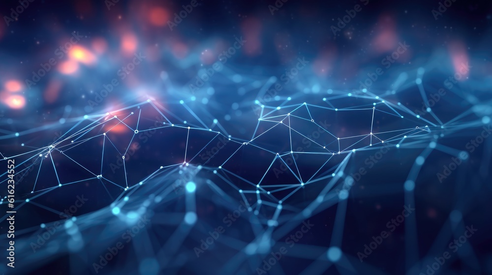 Abstract blue technology background with a cyber network grid and connected particles. Artificial neurons, global data connections - Generative AI Abstract blue technology background with a cyber network grid and connected particles. Artificial neurons, global data connections - Generative AI