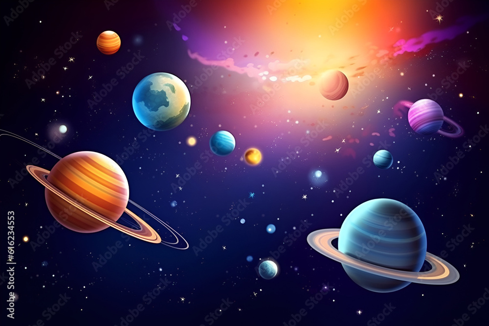 Cartoon illustration Of Space. Space flat background with planets and stars. Galaxy illustration for kids. Generative AI Cartoon illustration Of Space. Space flat background with planets and stars. Galaxy illustration for kids. Generative AI