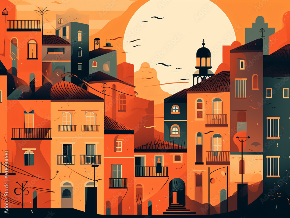 Obraz premium A city with a sunset in the background flat design vector style illustration Generative Ai