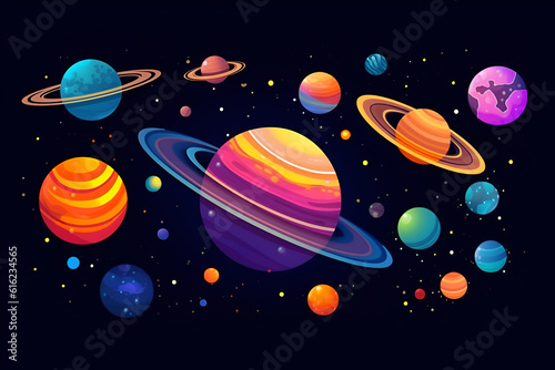 Cartoon illustration Of Space. Space flat background with planets and stars. Galaxy illustration for kids. Generative AI