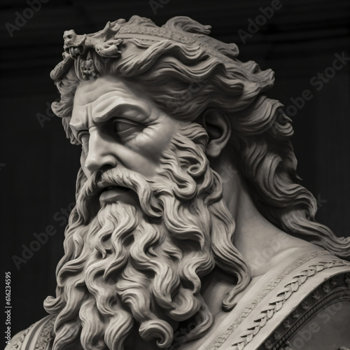 A close up of a greek statue of a man with a beard isolated on a black background Generative Ai