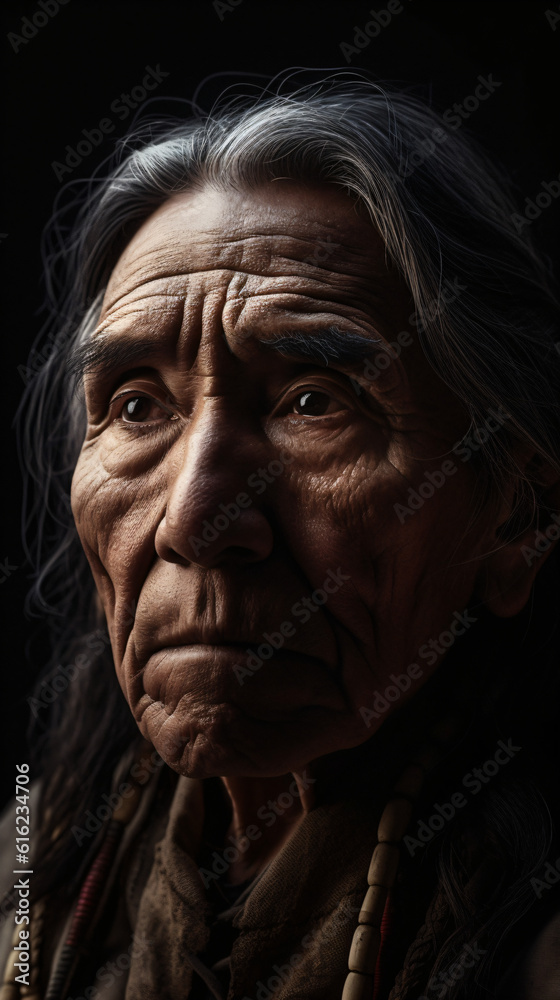 An old native american man with long hair isolated on a black background Generative Ai