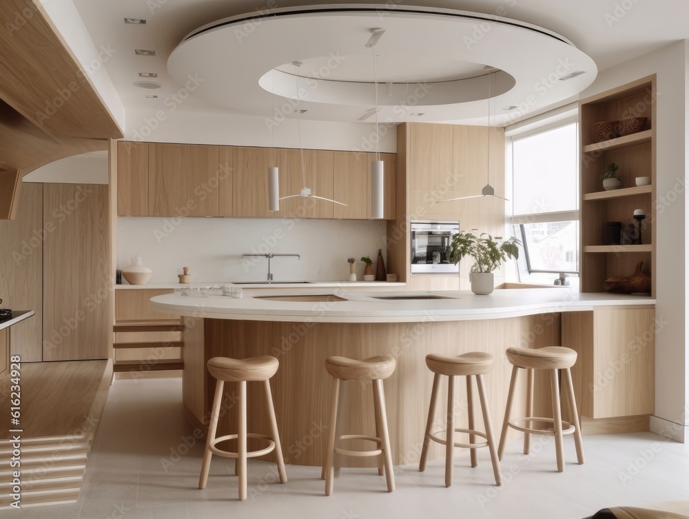 Fototapeta premium Contemporary wooden dining room and kitchen. Generative AI