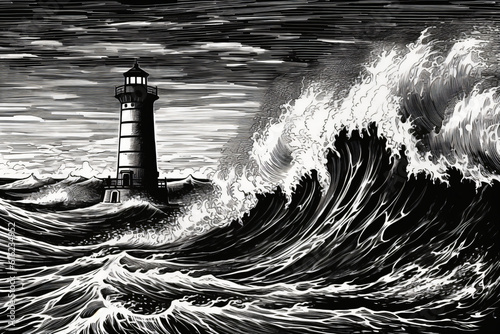 A black and white drawing of a lighthouse surrounded by waves Generative Ai