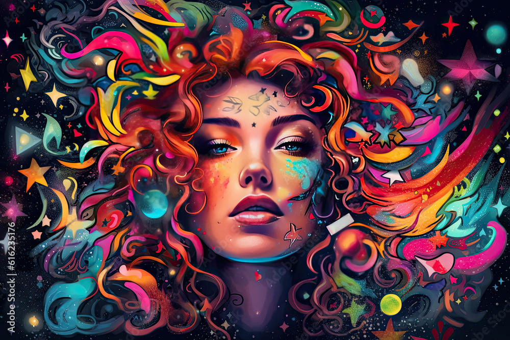 Portrait of a beautiful young woman in cartoon style with abstract background
