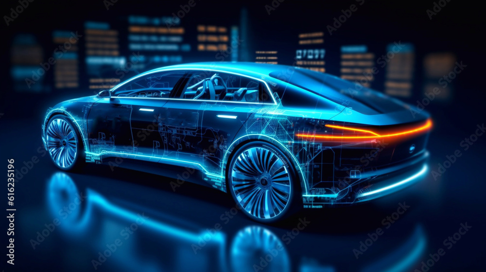 Electronic vehicle charging station control stop refuel point, hand pressing starting charge energy button, electric power EV car futuristic eco environmental friendly energy, blue Generative AI