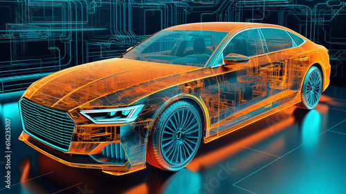 Automotive Engineer Uses Digital Tablet with Augmented Reality for Car Design Analysis and Improvement. 3D Graphics Visualization Shows Fully Developed Vehicle Prototype Analysed Generative AI