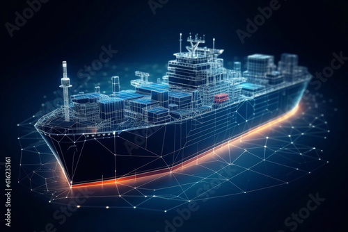 Worldwide cargo ship. Polygonal wireframe mesh art looks like constellation on dark blue night sky with dots and stars. Transportation, logistic, shipping concept illustration . Generative AI