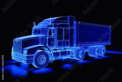 Blue wireframe Trailer Truck rides through Blue tunnel 3d rendering Generative AI