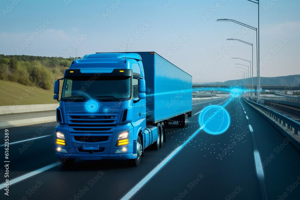 futuristic truck with a trailer is driving along a night road. 3D rendering Generative AI