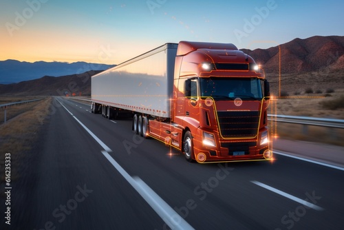 futuristic truck with a trailer is driving along a night road. 3D rendering Generative AI