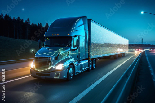 futuristic truck with a trailer is driving along a night road. 3D rendering Generative AI © Nataliia