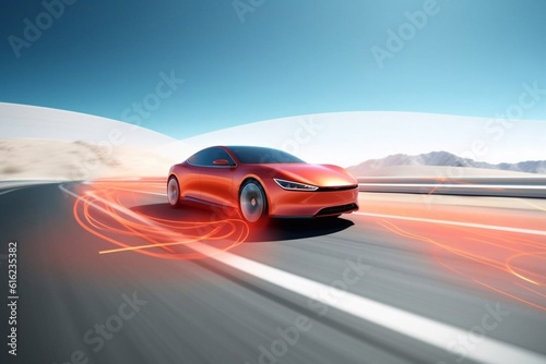 sports car racing on the highway in the night city. Generative AI © Nataliia
