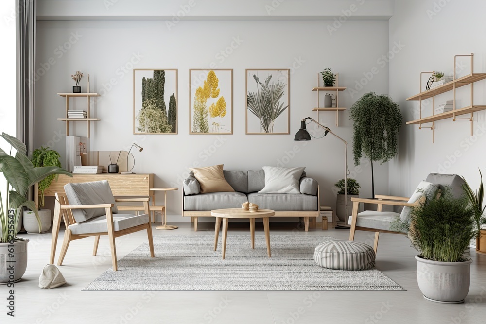 Modern Scandinavian living room with a warm home décor and a stylish grey sofa, armchair, lots of plants, coffee table, and carpet. Template. Generative AI Modern Scandinavian living room with a warm home décor and a stylish grey sofa, armchair, lots of plants, coffee table, and carpet. Template. Generative AI