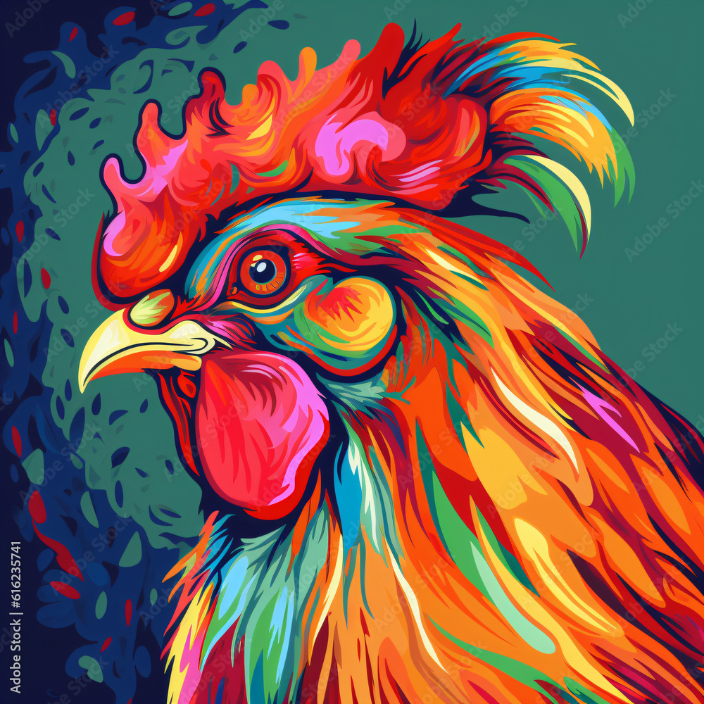 A colorful rooster on a blue background Generative Ai