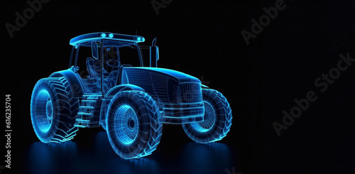 Wireframe of a large tractor made of blue lines with glowing lights isolated on a dark background. Perspective view. Generative AI