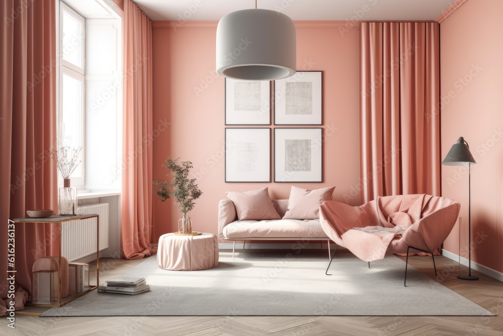 Monochrome flat room without furniture and vacant, Double Frames Gallery Wall in light pink and pinkish orange, poster mockup room. Generative AI Monochrome flat room without furniture and vacant, Double Frames Gallery Wall in light pink and pinkish orange, poster mockup room. Generative AI