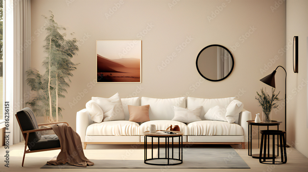 Fototapeta premium Stylish Living Room Interior with Mockup Frame Poster, Modern interior design, 3D render, 3D illustration
