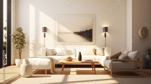 Stylish Living Room Interior with Mockup Frame Poster  Modern interior design  3D render  3D illustration